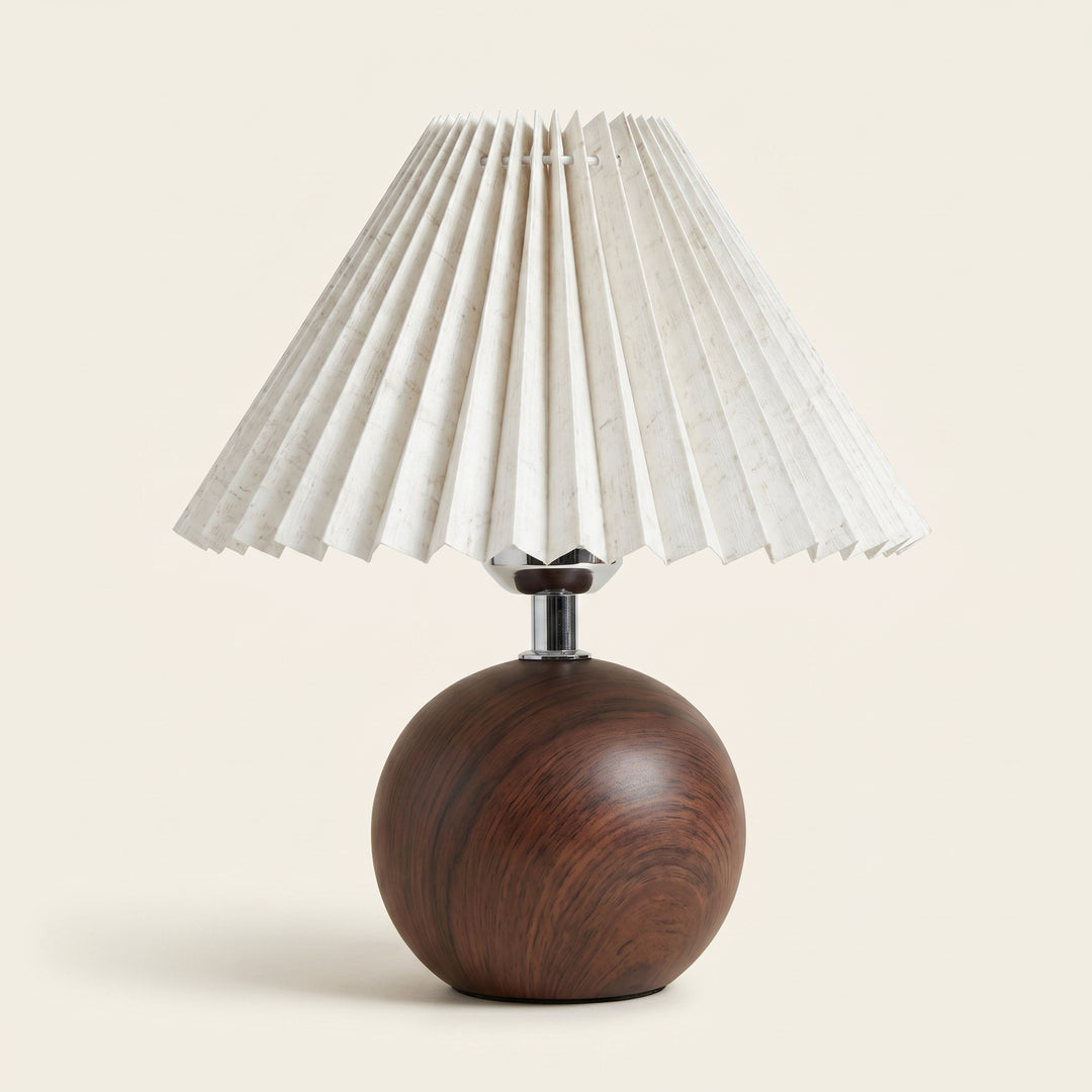 Orva Round Wood-Look Base Table Lamp | Japandi Pleated Shade Bedside & Desk Light