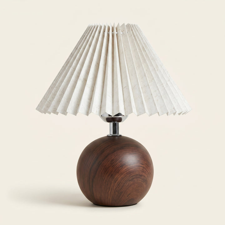 Orva Round Wood-Look Base Table Lamp | Japandi Pleated Shade Bedside & Desk Light