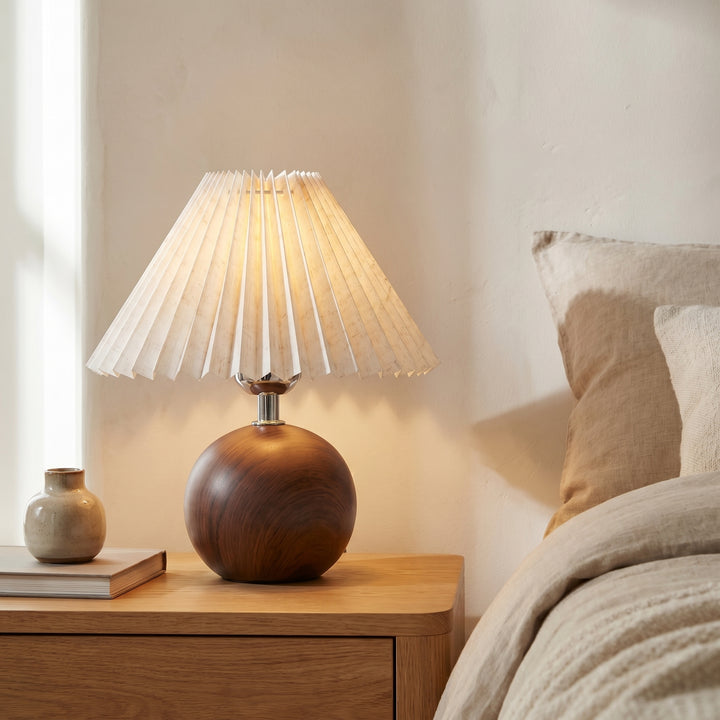 Orva Round Wood-Look Base Table Lamp | Japandi Pleated Shade Bedside & Desk Light