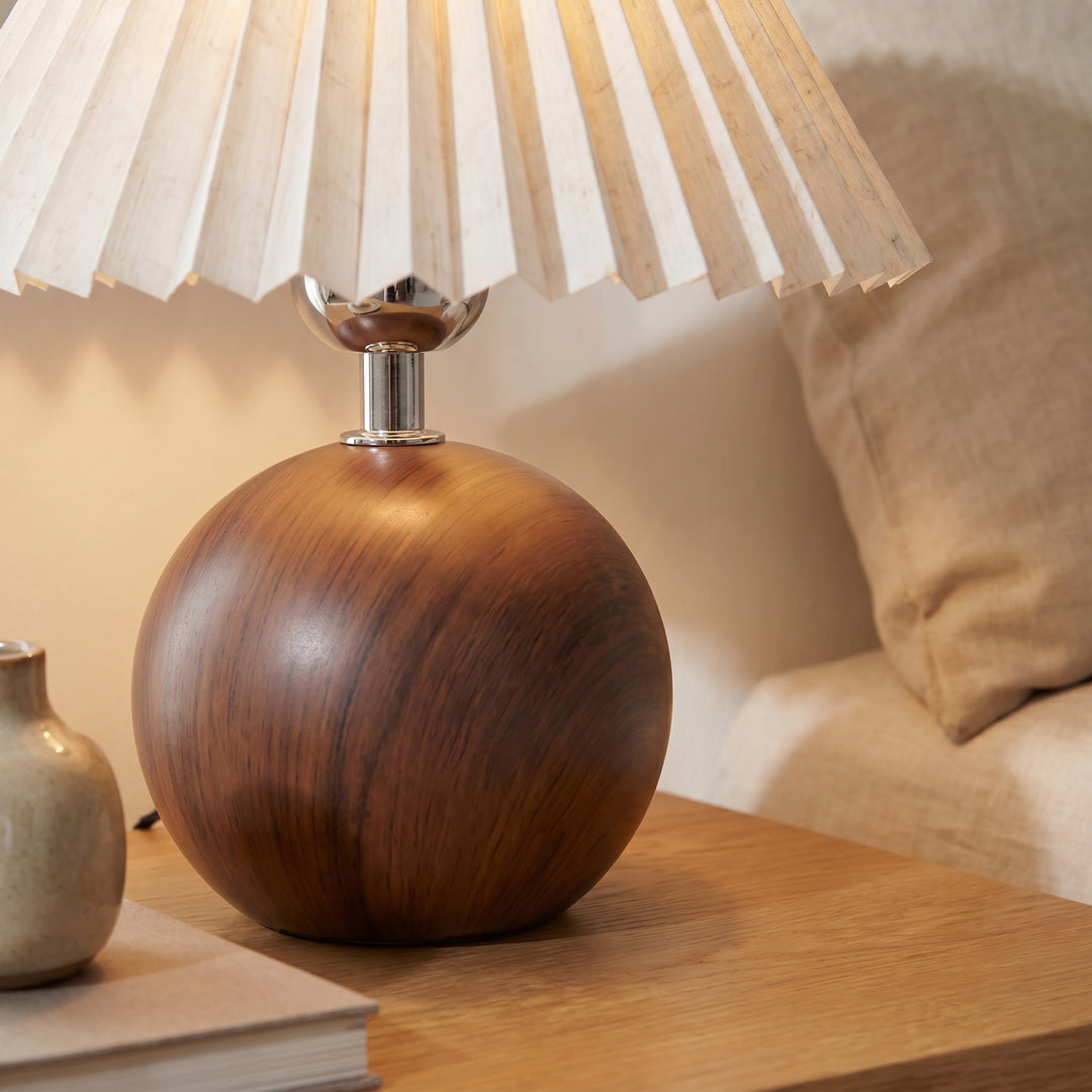 Orva Round Wood-Look Base Table Lamp | Japandi Pleated Shade Bedside & Desk Light