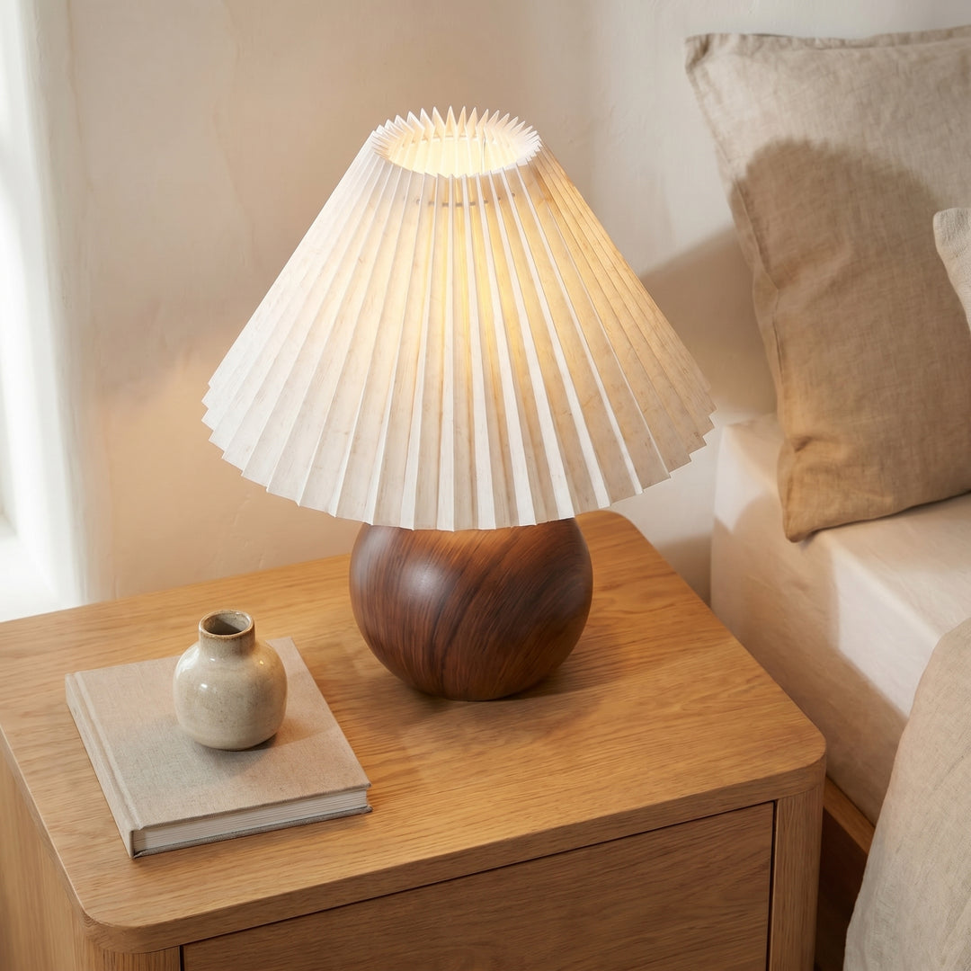 Orva Round Wood-Look Base Table Lamp | Japandi Pleated Shade Bedside & Desk Light