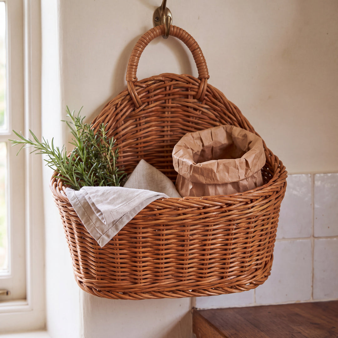 Mori | Hanging Woven Wall Basket, Faux Rattan Storage Organizer for Kitchen & Bathroom