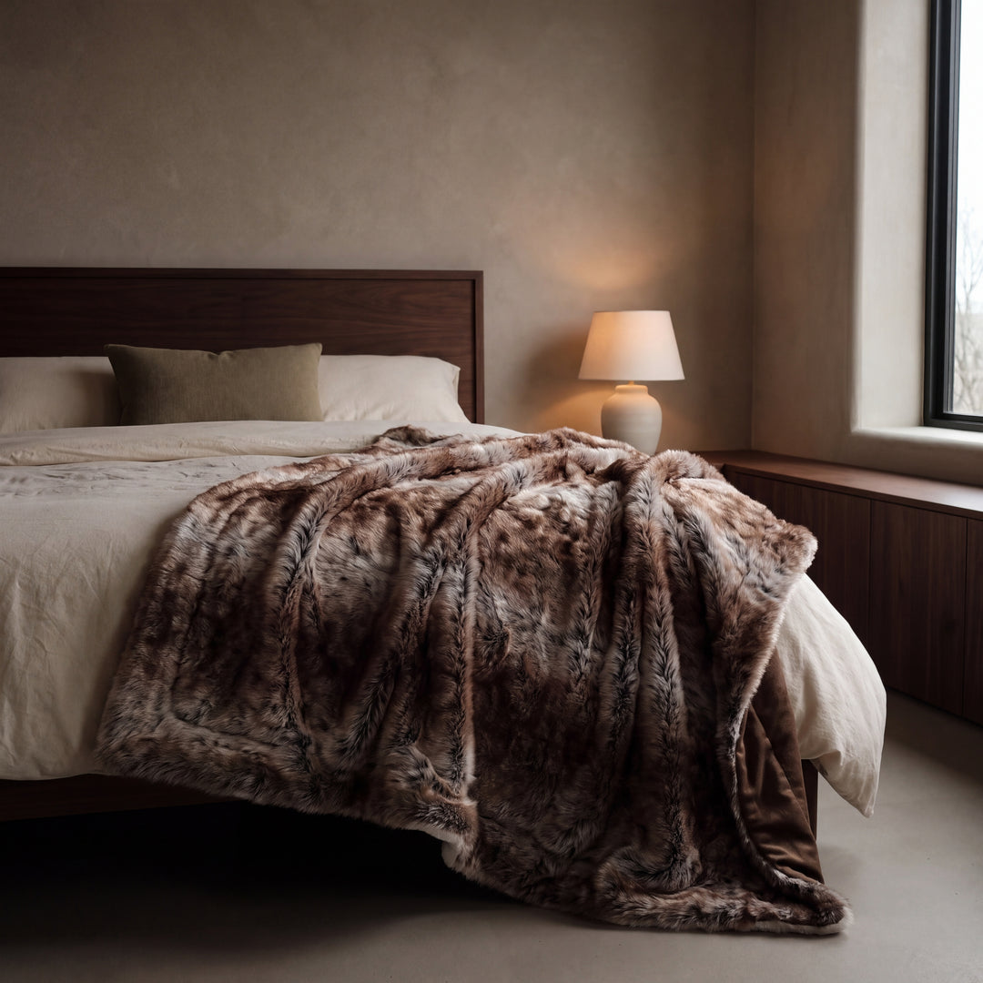 Bramble | Faux Fur Throw Blanket, Plush Brown Winter Blanket for Sofa & Bed