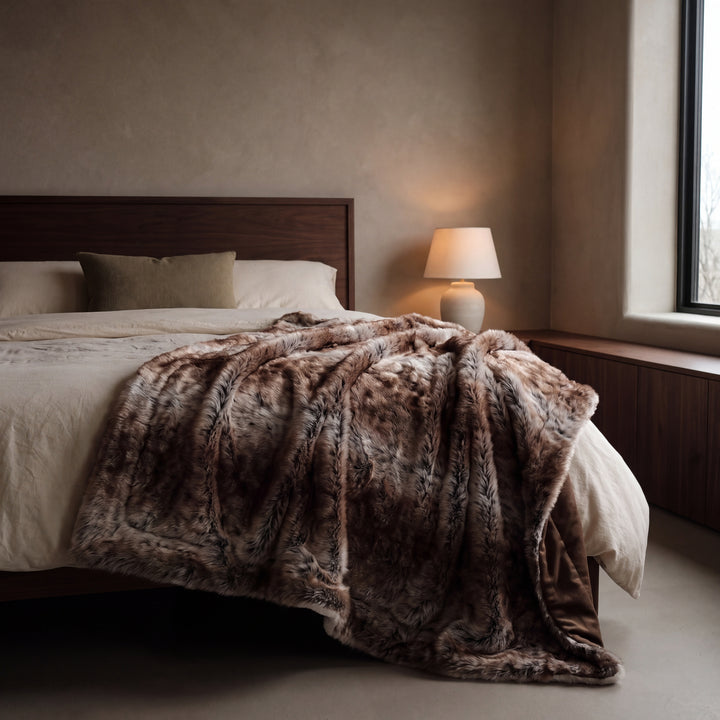 Bramble | Faux Fur Throw Blanket, Plush Brown Winter Blanket for Sofa & Bed