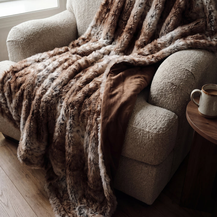 Bramble | Faux Fur Throw Blanket, Plush Brown Winter Blanket for Sofa & Bed