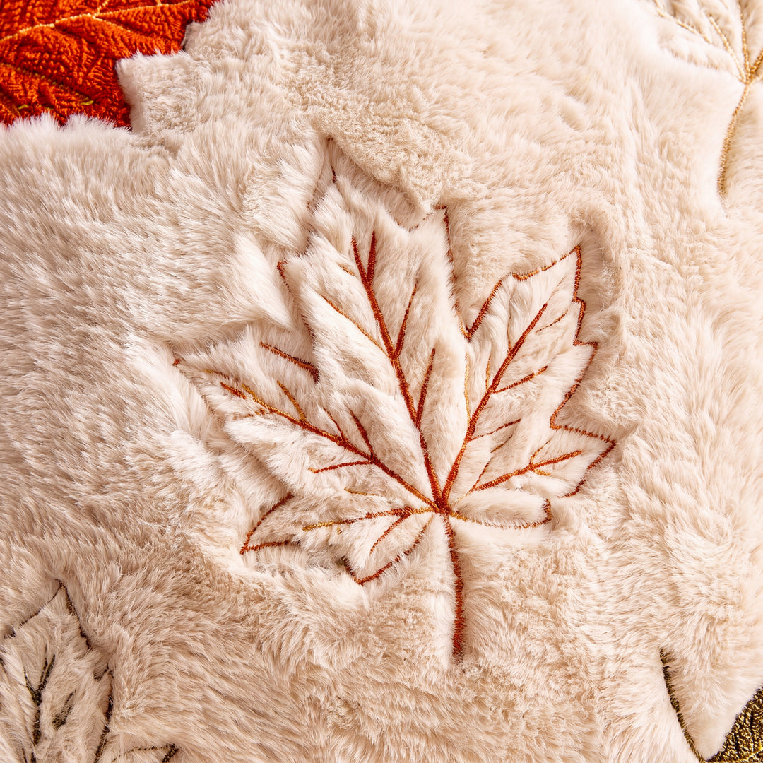 Aster | Cozy Autumn Faux Fur Pillow Cover with Textured Leaf and Pumpkin Designs