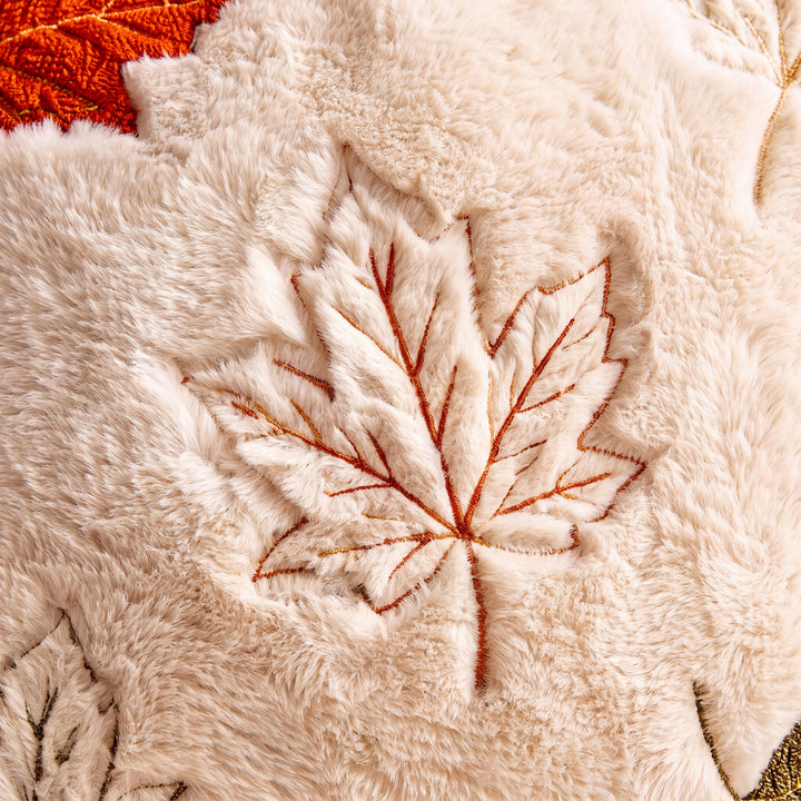Aster | Cozy Autumn Faux Fur Pillow Cover with Textured Leaf and Pumpkin Designs