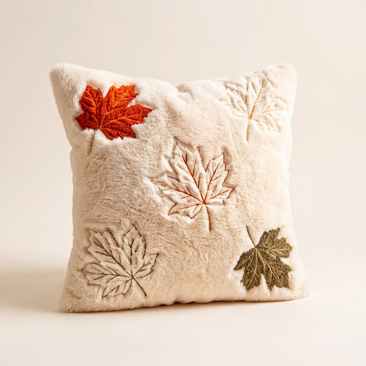 Aster | Cozy Autumn Faux Fur Pillow Cover with Textured Leaf and Pumpkin Designs