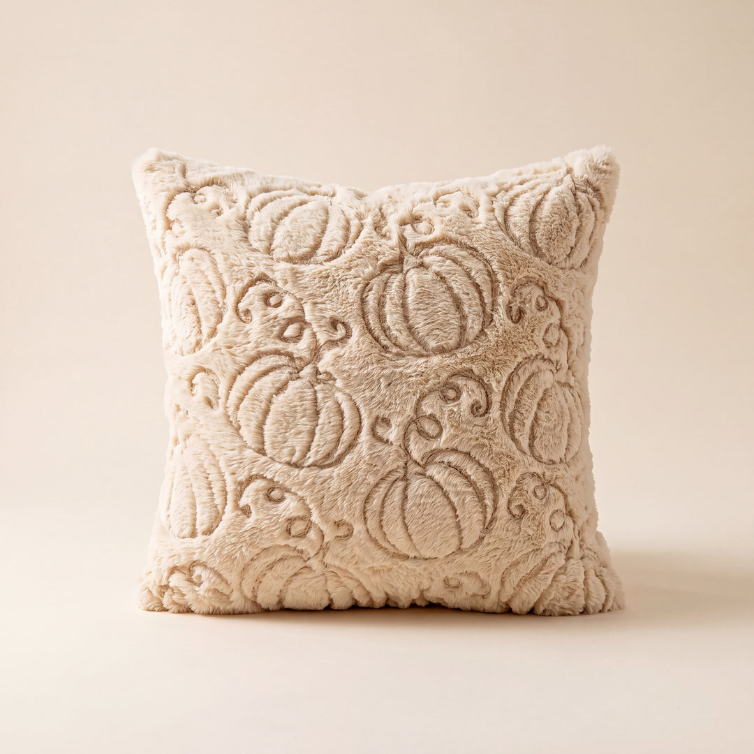 Aster | Cozy Autumn Faux Fur Pillow Cover with Textured Leaf and Pumpkin Designs