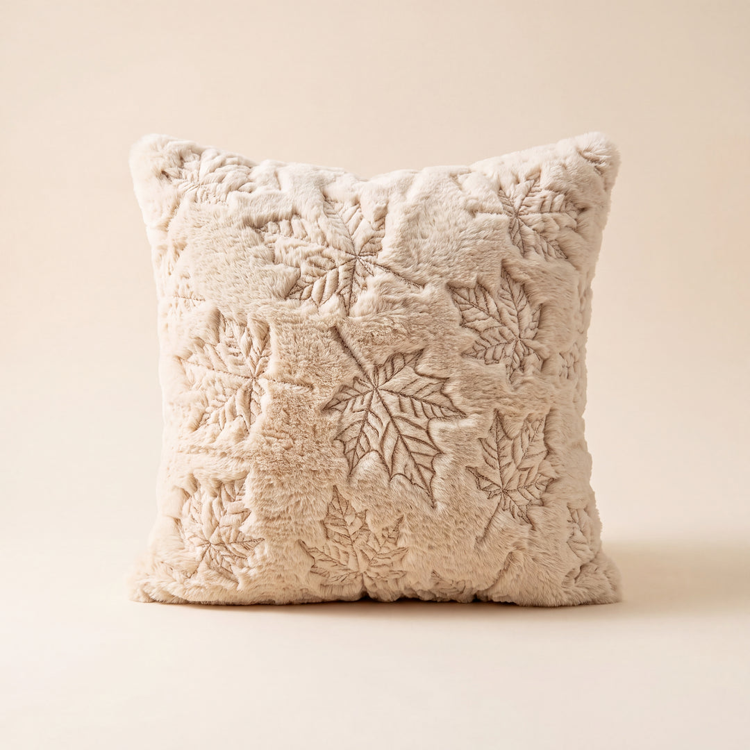 Aster | Cozy Autumn Faux Fur Pillow Cover with Textured Leaf and Pumpkin Designs
