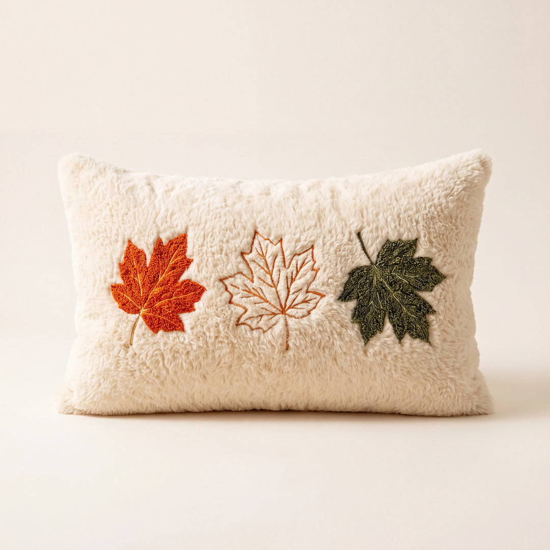 Aster | Cozy Autumn Faux Fur Pillow Cover with Textured Leaf and Pumpkin Designs