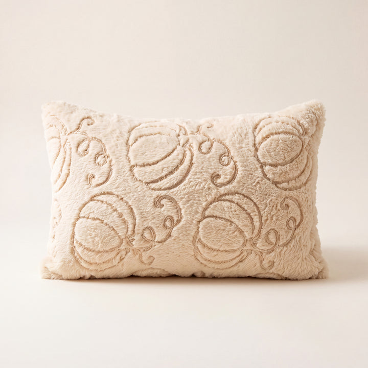 Aster | Cozy Autumn Faux Fur Pillow Cover with Textured Leaf and Pumpkin Designs