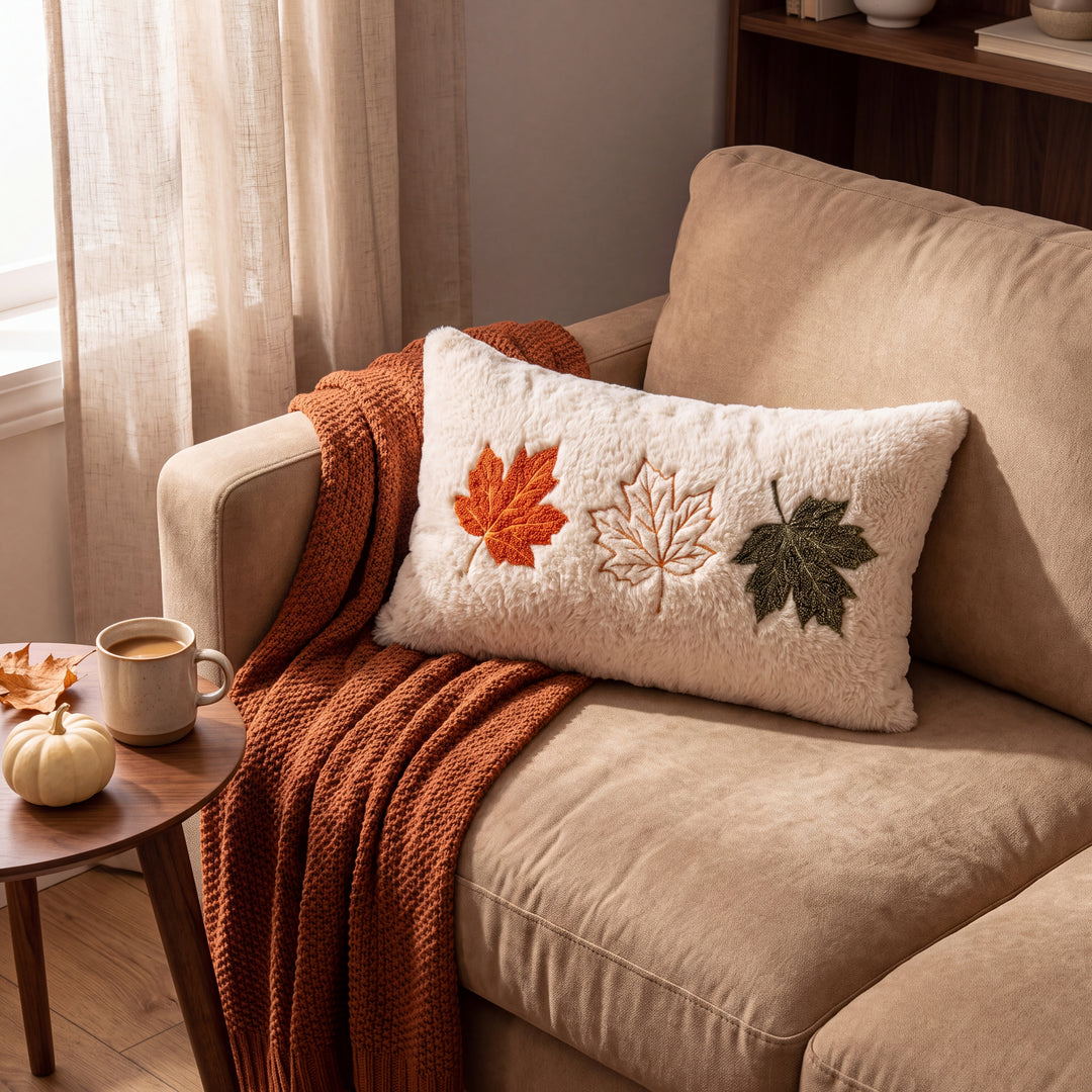 Aster | Cozy Autumn Faux Fur Pillow Cover with Textured Leaf and Pumpkin Designs