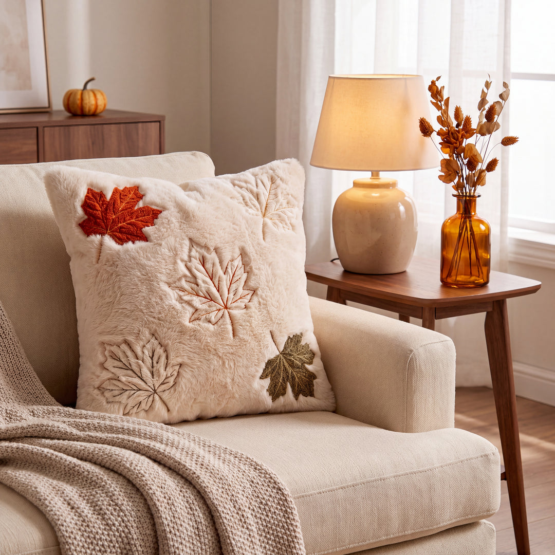 Aster | Cozy Autumn Faux Fur Pillow Cover with Textured Leaf and Pumpkin Designs