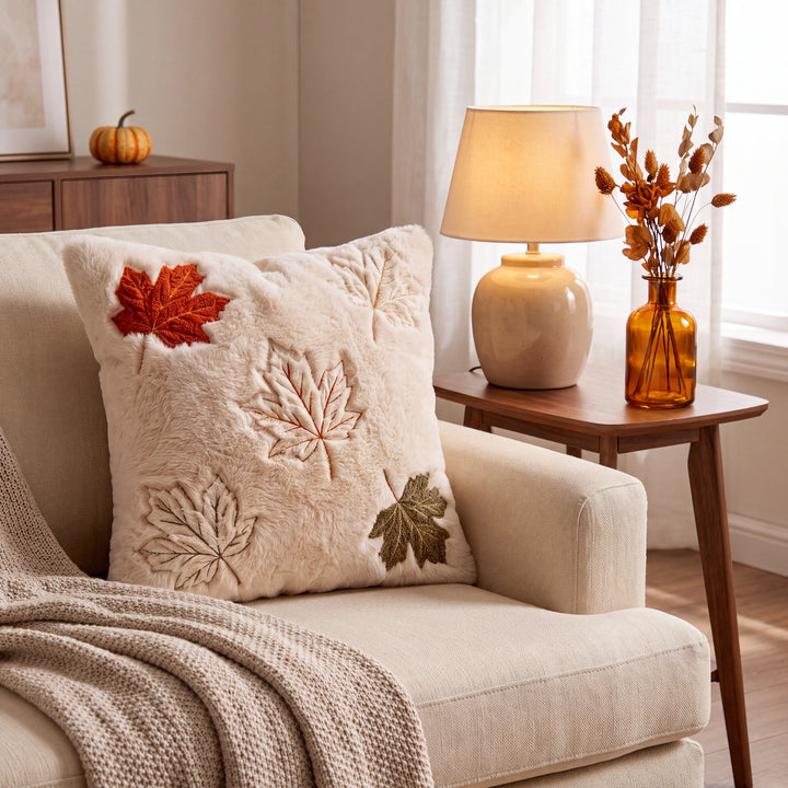 Aster | Cozy Autumn Faux Fur Pillow Cover with Textured Leaf and Pumpkin Designs