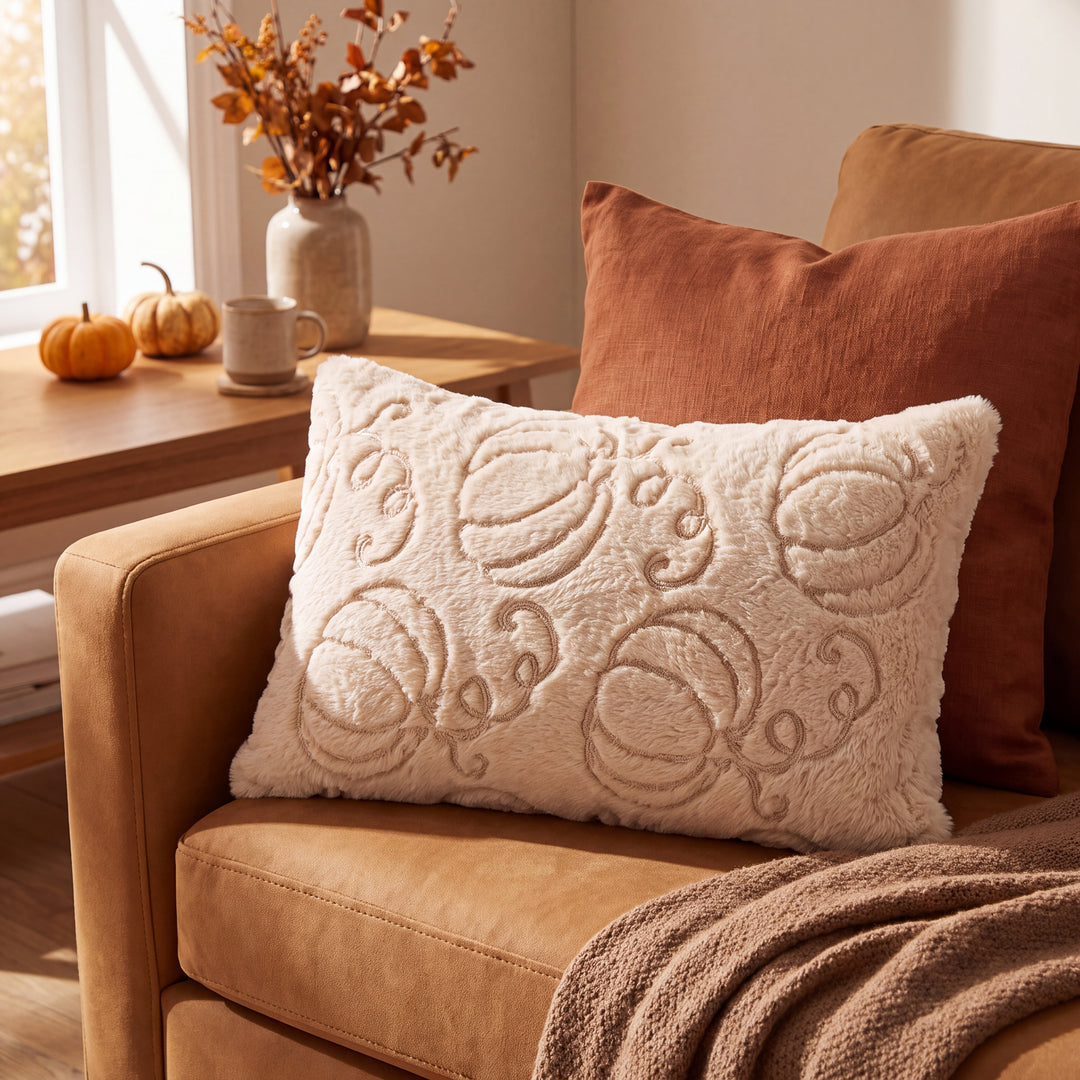 Aster | Cozy Autumn Faux Fur Pillow Cover with Textured Leaf and Pumpkin Designs
