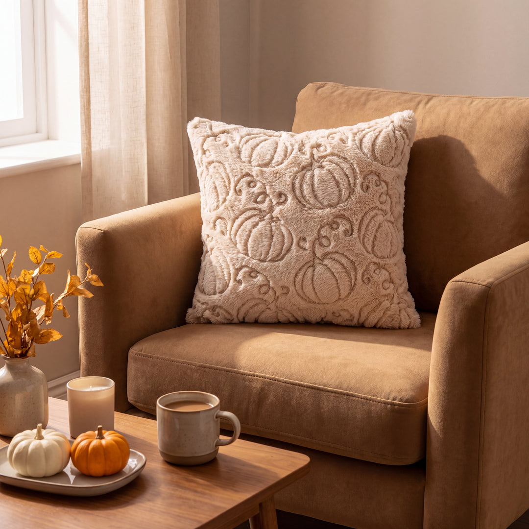 Aster | Cozy Autumn Faux Fur Pillow Cover with Textured Leaf and Pumpkin Designs
