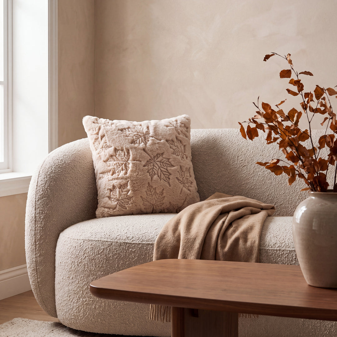 Aster | Cozy Autumn Faux Fur Pillow Cover with Textured Leaf and Pumpkin Designs