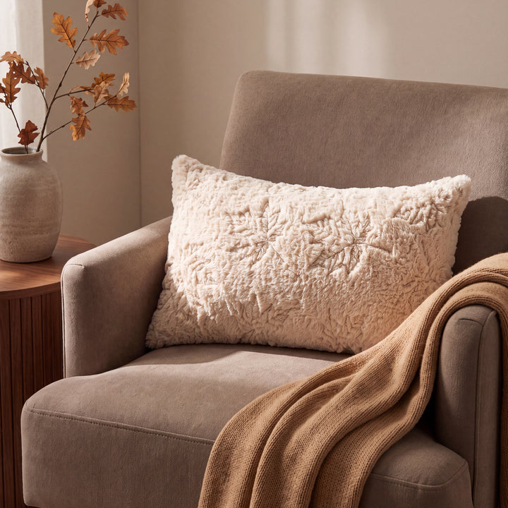 Aster | Cozy Autumn Faux Fur Pillow Cover with Textured Leaf and Pumpkin Designs