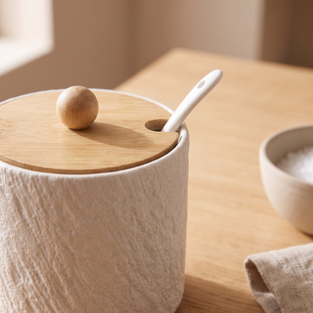 Grano | Textured Ceramic Seasoning Jar Set with Wood Lid and Spoon