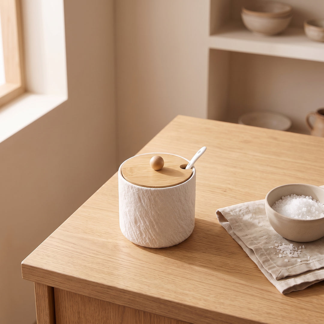 Grano | Textured Ceramic Seasoning Jar Set with Wood Lid and Spoon