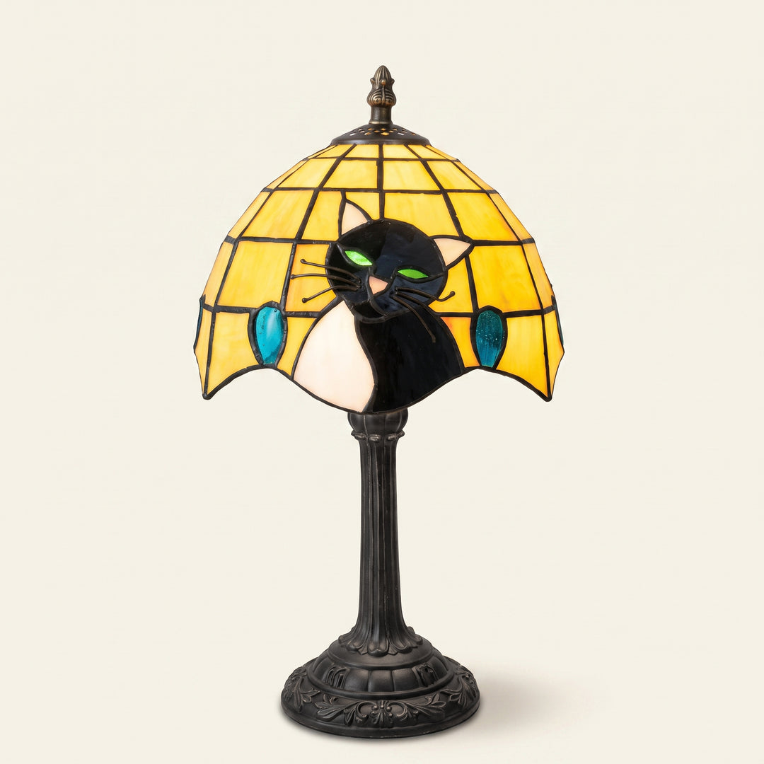 Gatto Stained Glass Cat Table Lamp | Tiffany-Style Vintage Bedside & Desk Accent Light