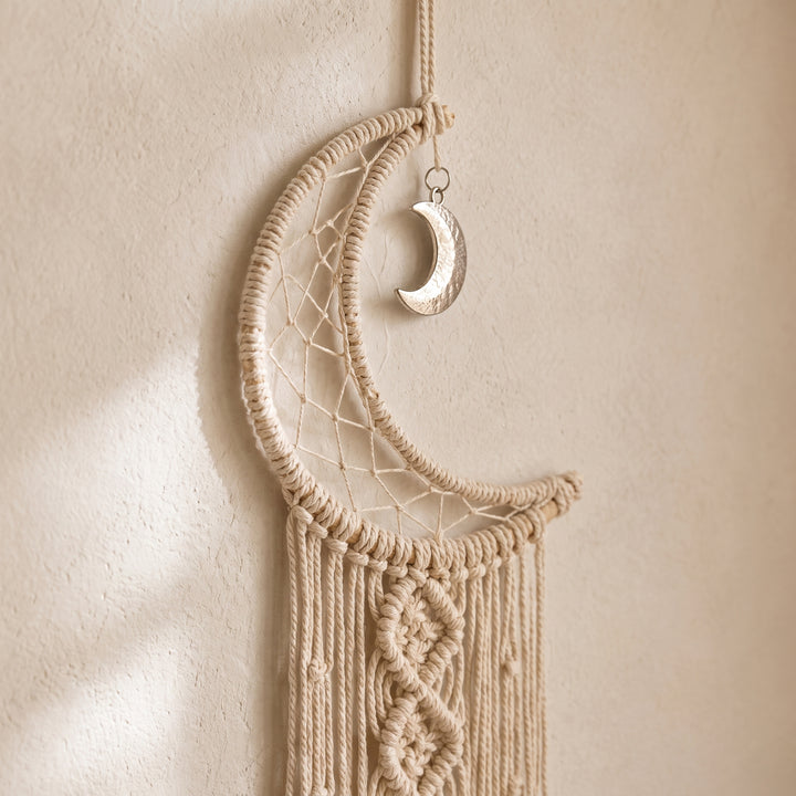 Crescente Boho Moon Macrame Wall Hanging | Celestial Cotton Fringe Tapestry for Bedroom & Nursery