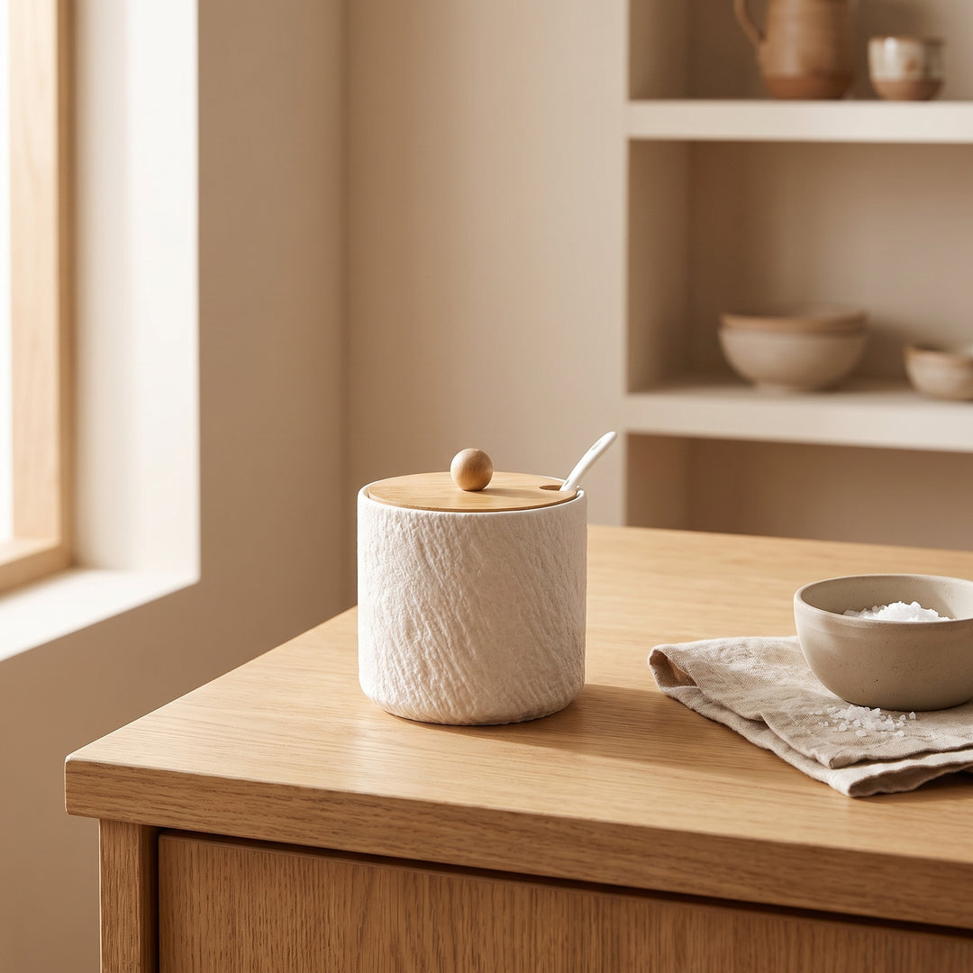 Grano | Textured Ceramic Seasoning Jar Set with Wood Lid and Spoon
