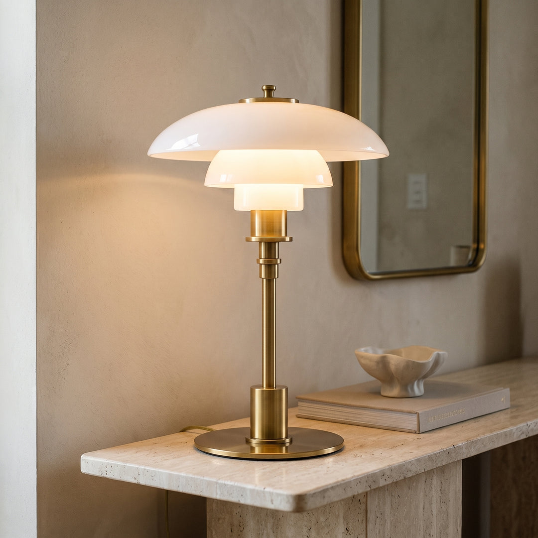 Solhem | Scandinavian Tiered Glass Table Lamp with Brass Stem – Dimmable LED