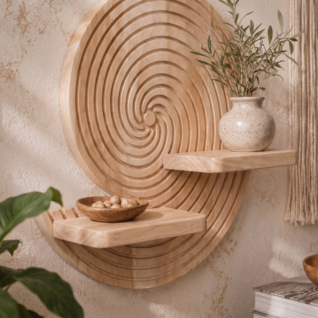 Nooki | Carved Wood Wall Shelf with Spiral Groove Detail and Ledge