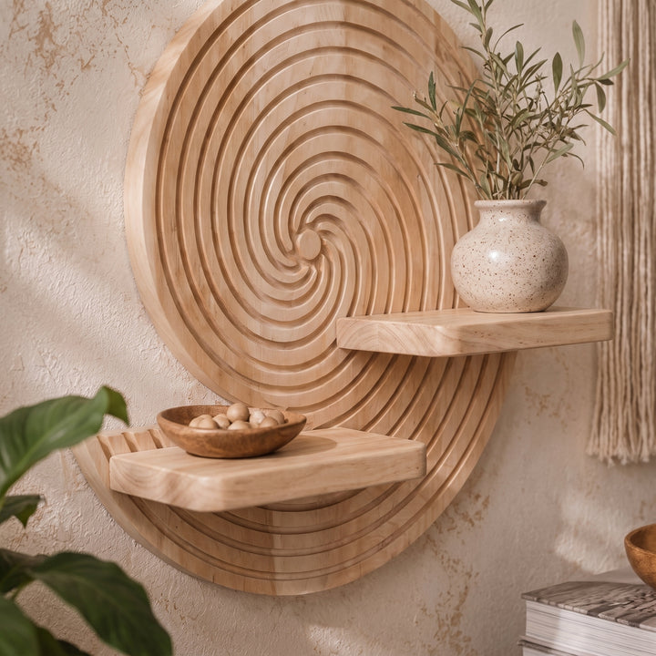 Nooki | Carved Wood Wall Shelf with Spiral Groove Detail and Ledge