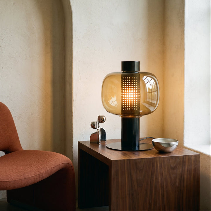 Renzoli | Italian Postmodern Glass Dome Table Lamp with Punched Metal Ring