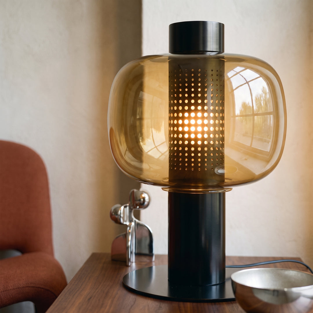 Renzoli | Italian Postmodern Glass Dome Table Lamp with Punched Metal Ring