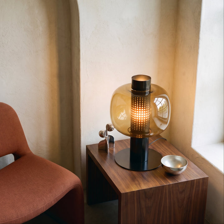 Renzoli | Italian Postmodern Glass Dome Table Lamp with Punched Metal Ring