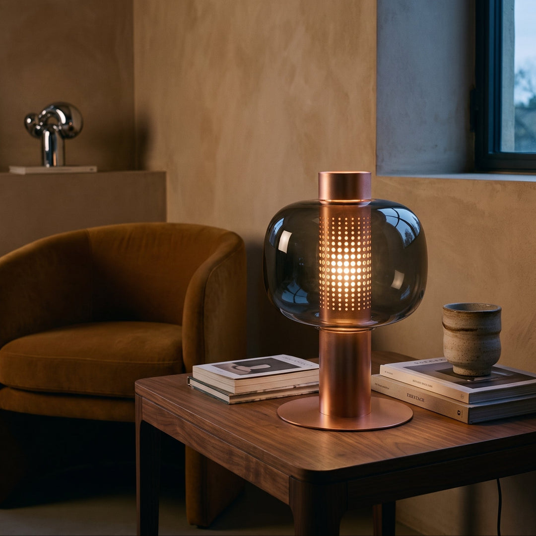Renzoli | Italian Postmodern Glass Dome Table Lamp with Punched Metal Ring