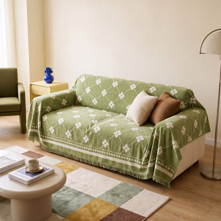 Naveo | Fringed Clover Jacquard Chenille Sofa Throw Cover for Couch