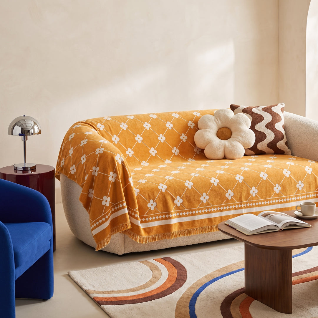 Naveo | Fringed Clover Jacquard Chenille Sofa Throw Cover for Couch