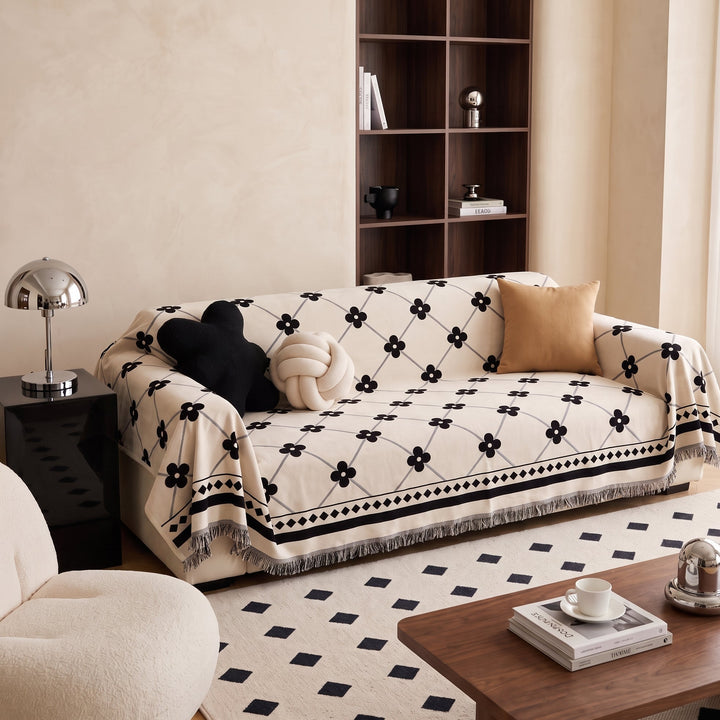 Naveo | Fringed Clover Jacquard Chenille Sofa Throw Cover for Couch