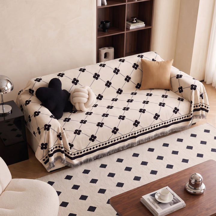 Naveo | Fringed Clover Jacquard Chenille Sofa Throw Cover for Couch