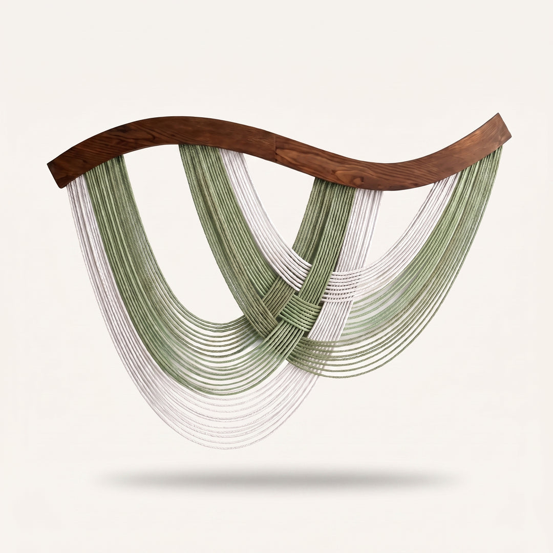 Volute Boho Macramé Wall Hanging with Curved Wood Bar and Draped Yarn