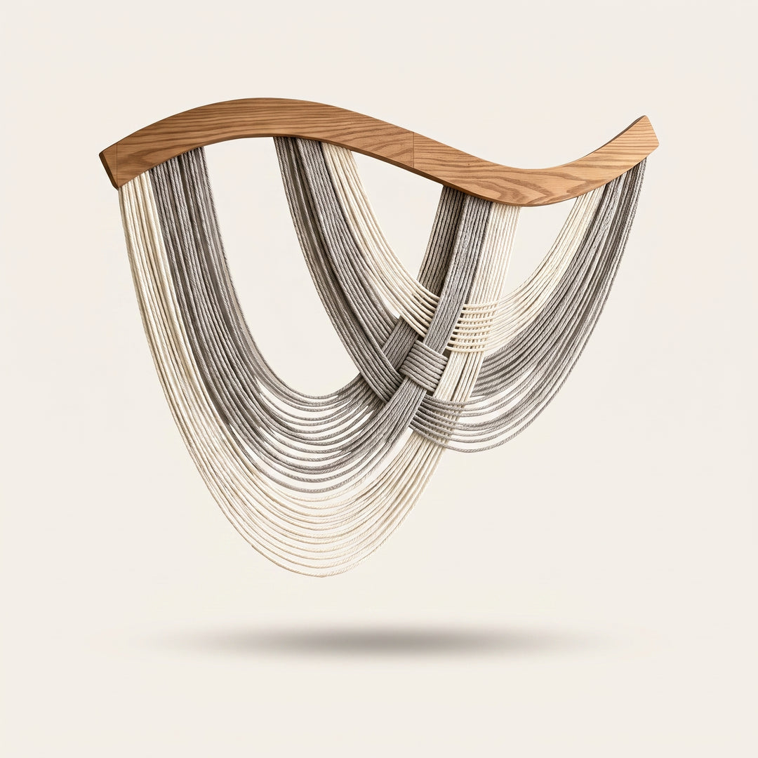 Volute Boho Macramé Wall Hanging with Curved Wood Bar and Draped Yarn