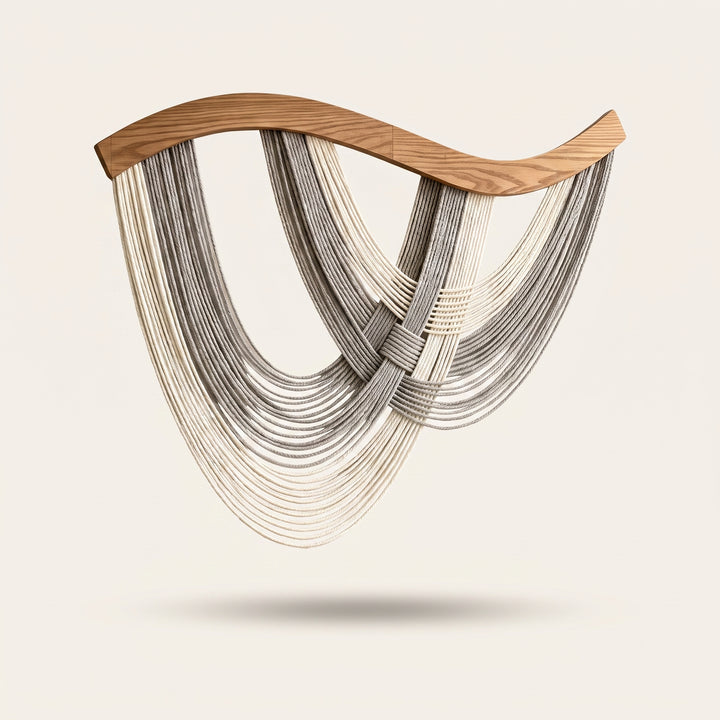 Volute Boho Macramé Wall Hanging with Curved Wood Bar and Draped Yarn