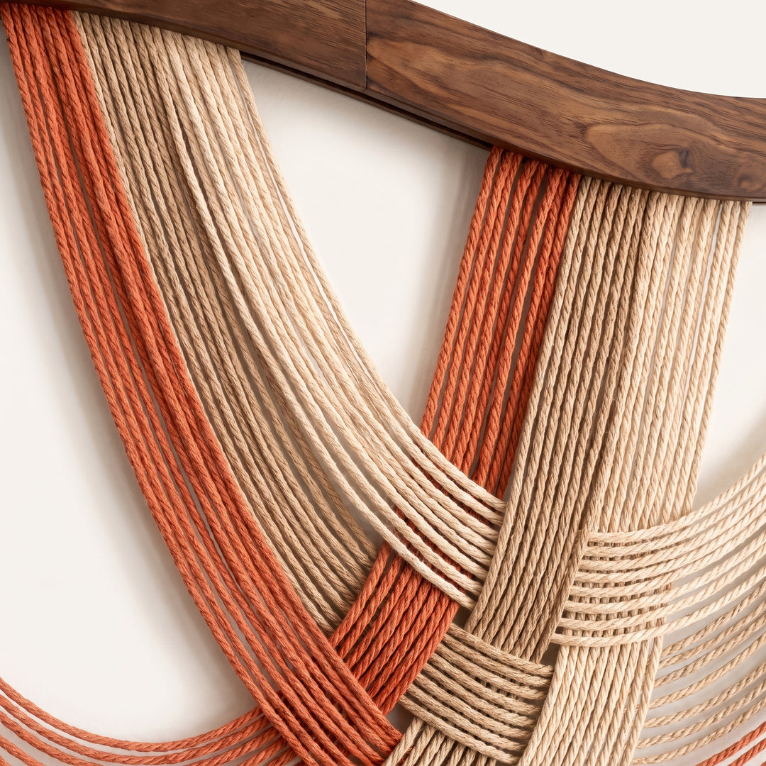 Volute Boho Macramé Wall Hanging with Curved Wood Bar and Draped Yarn