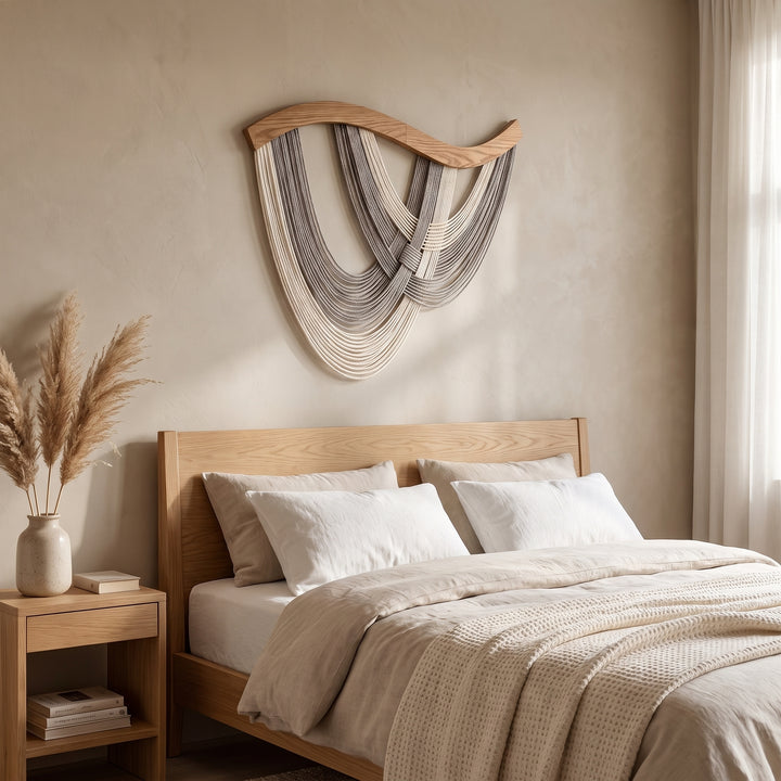 Volute Boho Macramé Wall Hanging with Curved Wood Bar and Draped Yarn