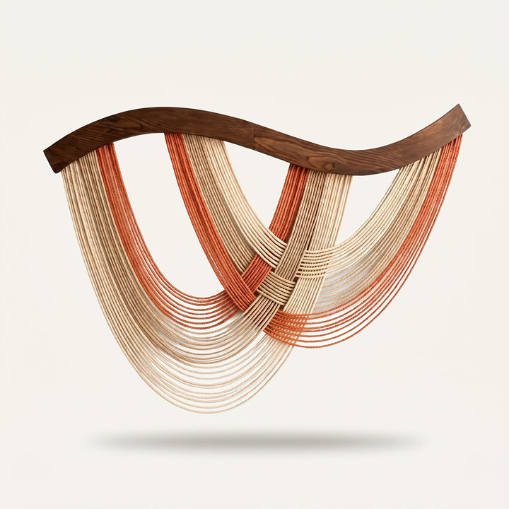 Volute Boho Macramé Wall Hanging with Curved Wood Bar and Draped Yarn
