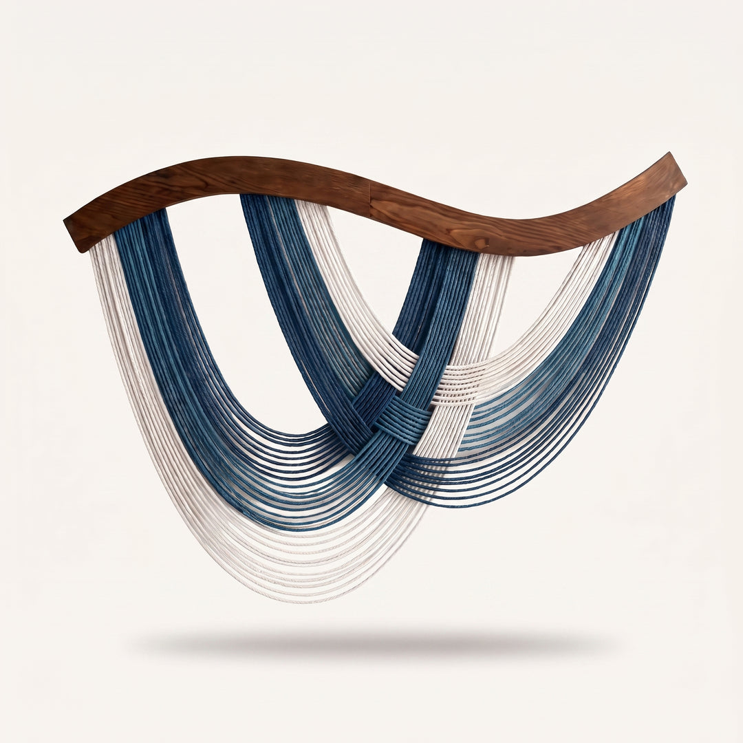 Volute Boho Macramé Wall Hanging with Curved Wood Bar and Draped Yarn