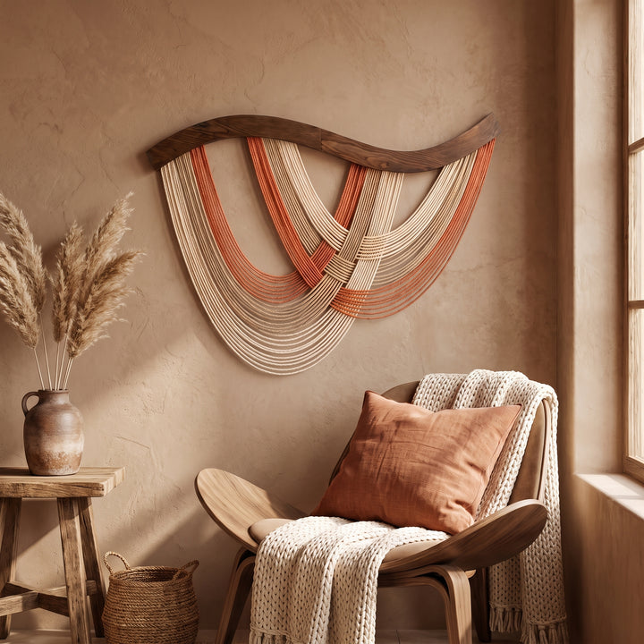 Volute Boho Macramé Wall Hanging with Curved Wood Bar and Draped Yarn