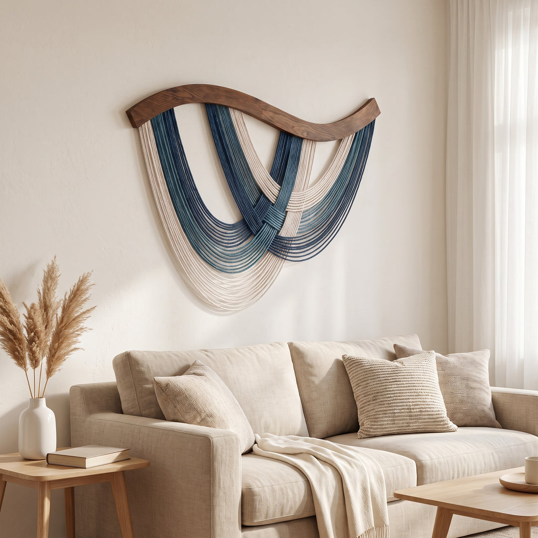 Volute Boho Macramé Wall Hanging with Curved Wood Bar and Draped Yarn