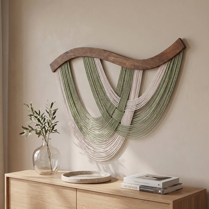 Volute Boho Macramé Wall Hanging with Curved Wood Bar and Draped Yarn