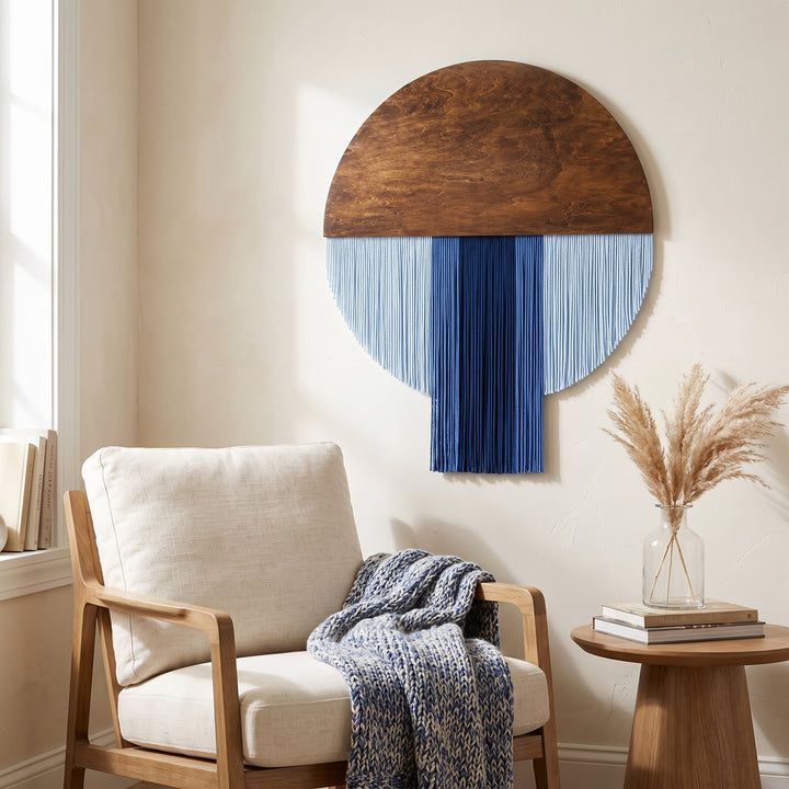 Selo Round Wood & Fringe Wall Tapestry | Boho Circle & Arc Macrame Wall Art for Living Room
